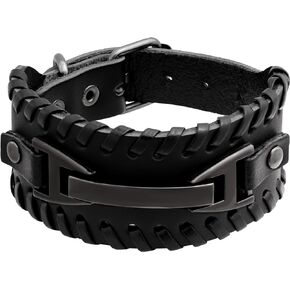 HAQUIL Men’s Bold Black Leather Bracelet with Black Metal Detailing | Ideal Father's Day Anniversary Christmas Birthday Gift for Him