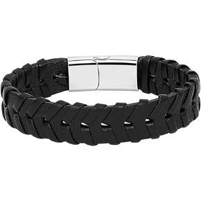 Manfnee Leather and Steel Bracelets for Men Women Mens Stainless Steel Bracelet Braided Leather Cuff