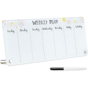 Navaris Weekly Whiteboard Planner - Small Dry Erase Glass Whiteboard to Do Calendar for Office Desk - Dry Erase Schedule Board - 16 x 6 Inches