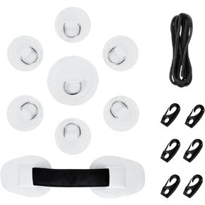 Mgoodoo 8 Pcs D-Ring PVC Patch Kayak Round Shape D Ring Pads Set for Inflatable Boat Dinghy SUP Deck, Stand-Up Paddleboard Rafting Accessories with 20FT Elastic Bungee Shock Cord and 6 Hooks(Blue)