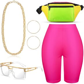Junkin 80s 90s Hip Hop Woman Costume Kit Women's Yoga Shorts Waist Fanny Pack Rapper Sunglasses Rope Chain Earrings