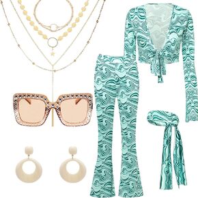 60s 70s Disco Fancy Dress for Women, 70s Hippie Costume Outfit with Accessories Hippy Style Clothe Set for Ladies Retro Party