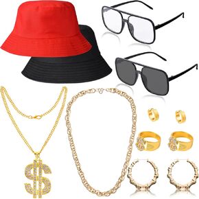 مجموعة أزياء الهيب هوب، 12 قطعة من إكسسوارات مغني الراب في الثمانينيات والتسعينيات تتضمن نظارات شمسية على شكل طوق وقبعة دلو لعيد الحب والنساء والرجال in Kuwait