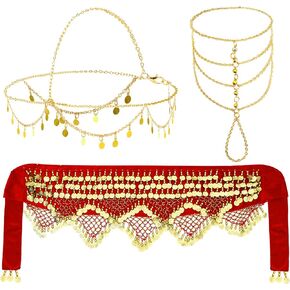 إكسسوارات أزياء الغجر النسائية الغجرية ذات العملات المعدنية الصغيرة وسوار تسخير الرأس ووشاح الورك للرقص الشرقي للهالوين