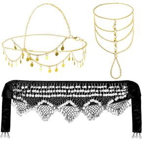 Women Gypsy Costume Accessories Gypsy Small Coins Headpiece Harness Bracelet and Bellydance Hip Scarf for Halloween