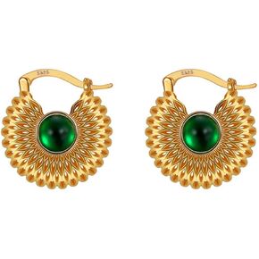 18K Gold Plated Hoop Earrings - 925 Sterling Silver Ear Buckles，Hollow Ball With Red Green Zircon Gemstone Earrings For Women Hoops Jewelry