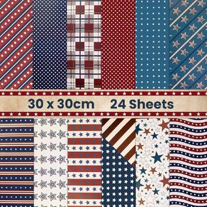 4th of July Scrapbook Paper 12 Inch, Vintage Star Stripe Plaid Pattern Paper Double-Sided Decorative Patriotic Craft Paper for Card Making Photo Album Party Decor, 24 Sheets