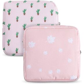 Tuciyke Sanitary Napkin Storage Bag,2pcs Cotton Cloth Portable Sanitary Storage Bag with Zipper 5x5 inches First Period Bag for Girls/Ladies/Women(Cactus)