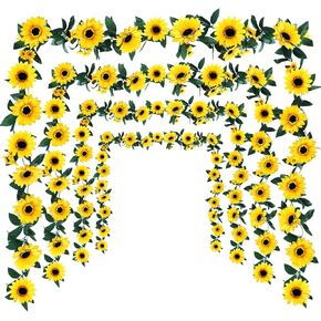 Whonline 4pcs 7.8ft/Pcs Fake Sunflower Vines Silk Yellow Artificial Sunflower Garland with Green Leaves for Wedding Decor Home Decor Table Decor