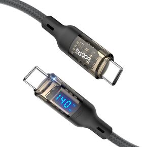 SOOPII 140W USB C to USB C Cable[4ft 2-Pack],Fast Charging USB C Cable with LED Display for Samsung Galaxy S23+/S23Ultra/S22Ultra,MacBook Pro,lPhone15/15Pro/15ProMax,etc,Transparent Shell,(Black)