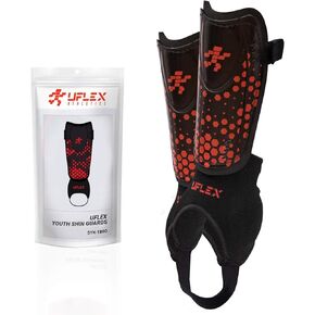 UFlex Athletics Slip and Slide Shin Guards for Kids and Teens - Protective Soccer Gear for Boys and Girls with Padded Ankle Support - Non Slip Adjustable Straps