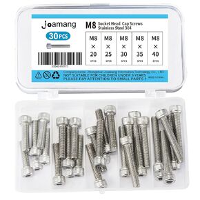 M8 x 40mm 45mm 50mm 55mm 60mm Button Head Socket Cap Screws Bolts, Stainless Steel 304, Metric Allen Hex Drive, Bright Finish, Fully Threaded, Assortment Kit 20PCS