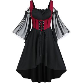Rosegal Plus Size Cold Shoulder Flare Sleeves Lace Up High Low A Line Midi Gothic Dress（Black-217/1X）