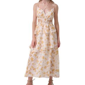 Women's Spaghetti Maxi Dress Floral Cut Out Ruffle Tiered Summer Beach Long Dresses