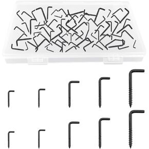 Screw in Hooks, 120Pcs 5 Sizes L Shaped Hooks Shouldered Dresser Cup Hooks Right Angle Hooks Self Tapping Screw Hooks for Indoor and Outdoor Hanging (Black)