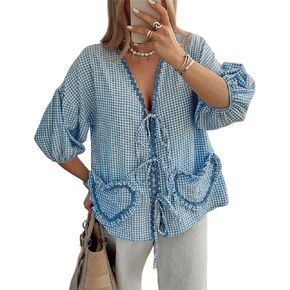 Love Heart Embroidery Peplum Blouse for Women Short Puff Sleeve Tie Front Shirt Y2k Girls Cute Babydoll Blouse