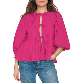 Women Summer Dressy Casual Blouses Tie Front Puff Sleeve Peplum Tops Y2K Going Out Ruffle Babydoll Shirts