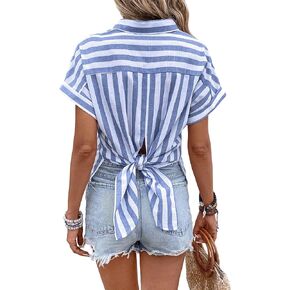 Floerns Women's Striped Print Button Down Short Sleeve Knot Back Shirt Blouse