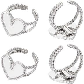 UNICRAFTALE 6 Sets DIY Blank Dome Heart Cuff Ring Making Kit 304 Stainless Steel Open Ring Setting Heart Metal Ring Blanks Cabochon Ring Base Settings Tray Bezels for Jewelry Making