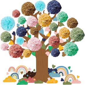 Classroom Tree Bulletin Board Set with Heart Shape Cutouts 3D Tree with Paper Pom Poms Papercuts Classroom Tree Wall Decorations for Welcome Classroom School Blackboard Wall Decor