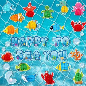 76 Pieces Ocean Themed Party Decorations Under Sea Cutouts with Ocean Sea Animals Honeycomb Centerpiece with Fishing Net for Classroom Bulletin Board Decorations Ocean Birthday Party Supplies