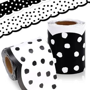 Whaline 65.6ft Dot Bulletin Board Borders White Black Dot Die-Cut Rolled Border Trim for School Classroom Office Chalkboard Decoration, 2 Rolls