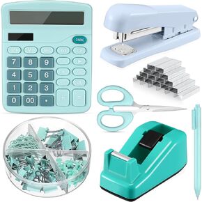 6 Set Desk Accessory Kit Office Supplies Include Cute Stapler Tape Dispenser Ballpoint Pen Binder Clips Paper Clips Scissor and Calculator for Girls Women Christmas Gift(Pink)