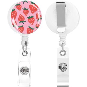 2 Pack Retractable Badge Holders Cute Badge Reel Badge Clip ID Card Holders for Student Office Worker Doctor Nurse Teacher (Pink Strawberry)