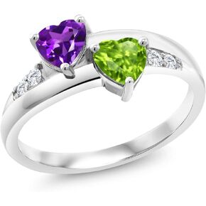 Gem Stone King 925 Sterling Silver Purple Amethyst Green Peridot and White Lab Grown Diamond Ring For Women (0.98 Cttw, Heart Shape 5MM, Gemstone Birthstone, Available In Size 5, 6, 7, 8, 9)