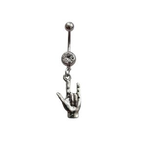 I Love You Sign Belly Button Ring, Surgical Stainless Steel 14G Navel Barbell Stud, Body Piercing Jewelry, Hippie Hand Charm for Woman