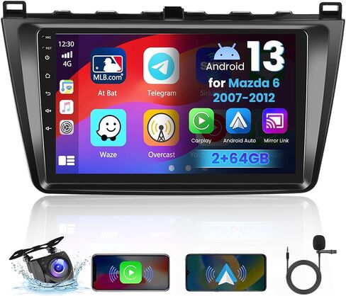 [2G+64G] Hikity 2024 New Android 13 Stereo for Mazda 6 2007-2012, 9 Inch Touch Screen Wireless Apple Carplay Android Auto GPS Navigation Car Radio with WiFi Bluetooth Backup Camera in Saudi Arabia