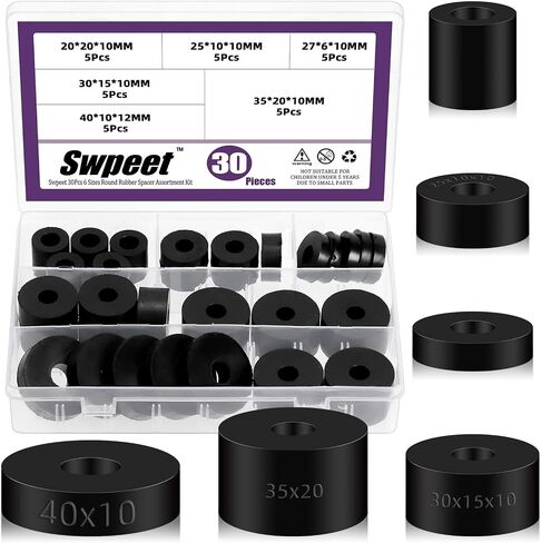 Swpeet 50Pcs 7 Sizes Round Rubber Spacer Assortment Kit, 5/6/8/10mm Anti Vibration Black Rubber Washers Kit, Neoprene Spacer Multi Purpose Thick Rubber Grommets for Home and Car Accessories in Saudi Arabia
