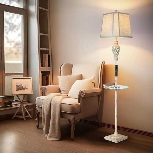 Rustic Floor Lamp, Living Room Lamps with Glass Tray, stepless diming Floor Lamp with Remote Control and USB A&C Charging Ports for Living Room Bedroom Office Smart Bulbs Included in Saudi Arabia
