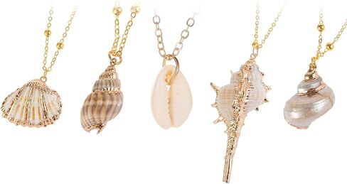 5Pcs Shell Necklace,Natural Seashell Scallop Conch Shell Pendant Necklace with Gold Edge,Adjustable Simple Seashell Necklace Beach Sea Shell Necklace,Handmade Seashell Jewelry Gifts for Women Girls in Saudi Arabia