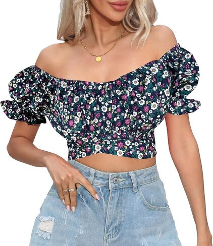 Women's Crop Tops Ruffle Short Sleeve Tie Back Off Shoulder Blouse | square neck tops for women, short sleeve crop top women, Slim Fit Tops, going out tops, summer vacation basic tops in Saudi Arabia
