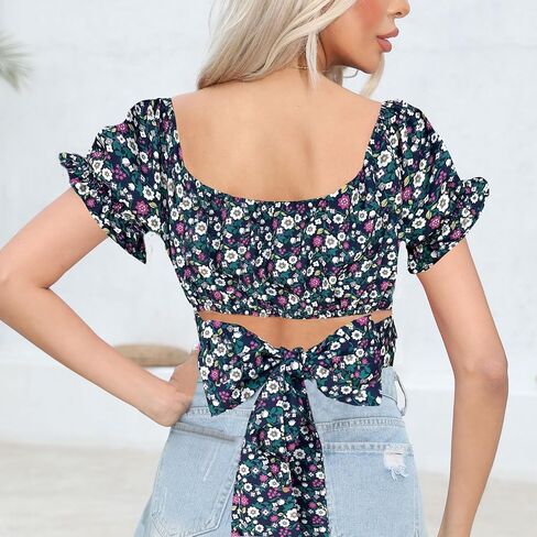 Women's Crop Tops Ruffle Short Sleeve Tie Back Off Shoulder Blouse | square neck tops for women, short sleeve crop top women, Slim Fit Tops, going out tops, summer vacation basic tops in Saudi Arabia