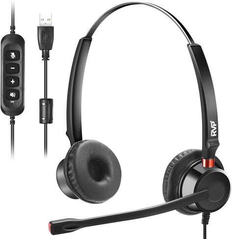 سماعة رأس ستيريو USB مع خاصية إلغاء الضوضاء البيئية (ENC)، ​​سماعة رأس سلكية مع ميكروفون، سماعة مركز الاتصال للكمبيوتر المحمول - أسود in Kuwait