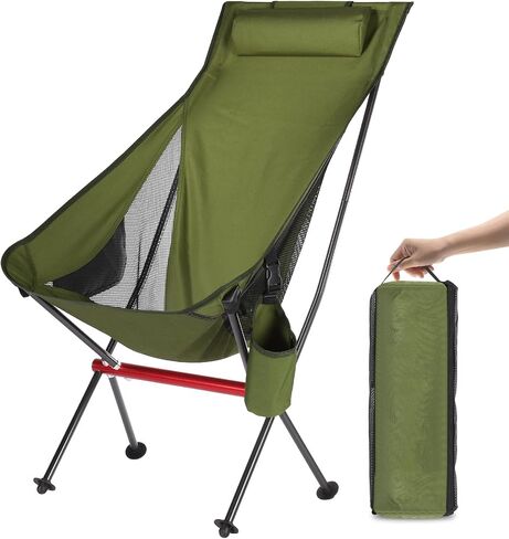 OKYUK Camping Chair, High Back Portable Folding Chair, Aircraft Grade Aluminum Alloy Structure, Built-in Pillow, Side Pocket & Carry Bag, Compact & Heavy Duty for Outdoor Backpacking (Beige) in Saudi Arabia