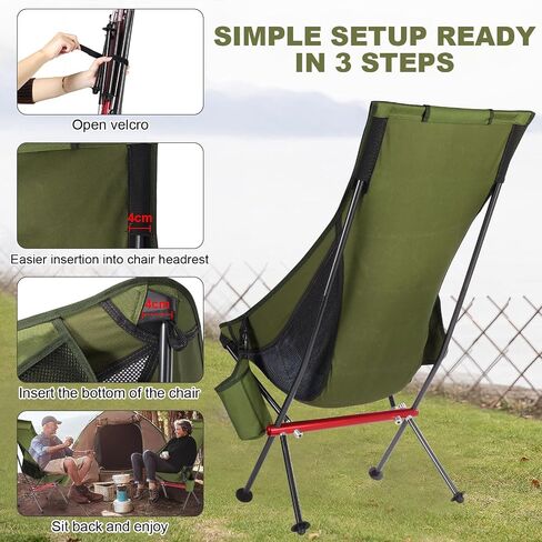 OKYUK Camping Chair, High Back Portable Folding Chair, Aircraft Grade Aluminum Alloy Structure, Built-in Pillow, Side Pocket & Carry Bag, Compact & Heavy Duty for Outdoor Backpacking (Beige) in Saudi Arabia