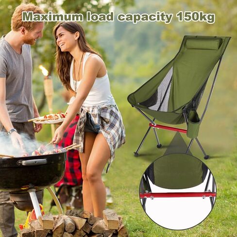 OKYUK Camping Chair, High Back Portable Folding Chair, Aircraft Grade Aluminum Alloy Structure, Built-in Pillow, Side Pocket & Carry Bag, Compact & Heavy Duty for Outdoor Backpacking (Beige) in Saudi Arabia