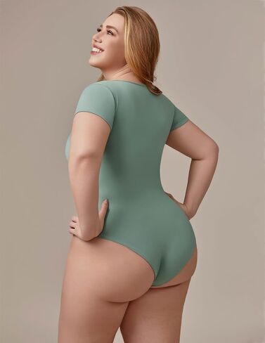 BeryLove Women's Bodysuits Square Neck Short Sleeve Sexy Body Suit Snap Closure Jumpsuit in Saudi Arabia