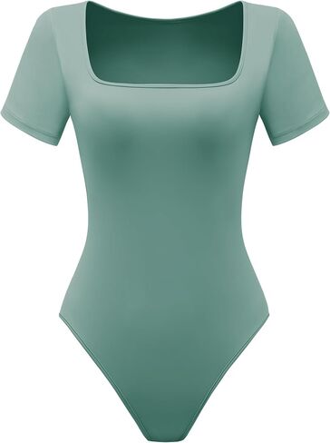 BeryLove Women's Bodysuits Square Neck Short Sleeve Sexy Body Suit Snap Closure Jumpsuit in Saudi Arabia