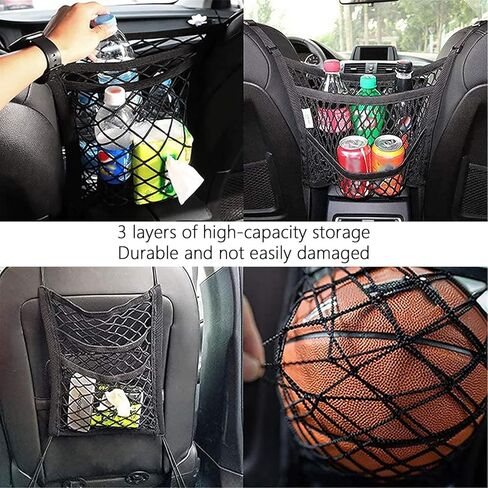 منظم شبكي للسيارة مكون من 3 طبقات، حقيبة صندوق شبكية مرنة عالمية لحامل محفظة السيارة وحامل المناديل، حقيبة يد شبكية للجيب للسيارة، منظم سيارة متعدد الوظائف بين المقاعد in Kuwait