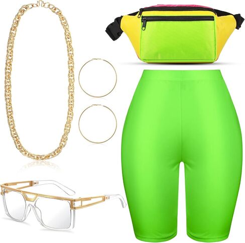 Junkin 80s 90s الهيب هوب امرأة طقم زي المرأة اليوغا السراويل الخصر حزمة مراوح مغني الراب النظارات الشمسية حبل أقراط للأذن على شكل سلسلة in Saudi Arabia