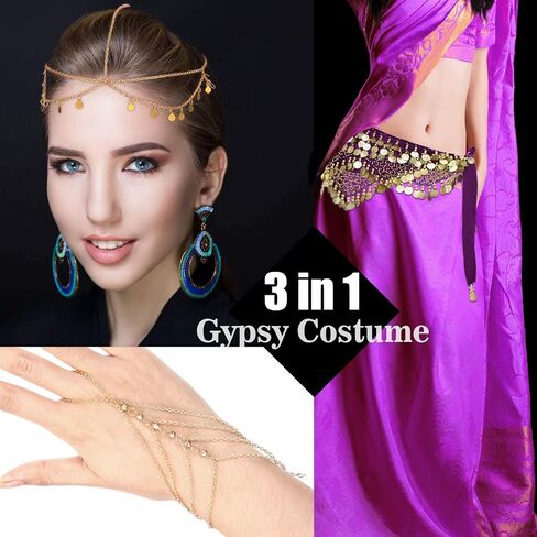 إكسسوارات أزياء الغجر النسائية الغجرية ذات العملات المعدنية الصغيرة وسوار تسخير الرأس ووشاح الورك للرقص الشرقي للهالوين in Kuwait
