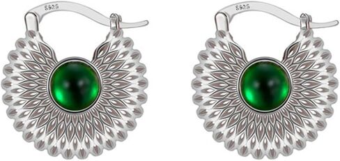 أقراط دائرية مطلية بالذهب 18 قيراط - أبازيم أذن من الفضة الإسترلينية عيار 925، كرة مجوفة مع أقراط أحجار كريمة من الزركون الأحمر والأخضر للنساء مجوهرات الأطواق in Kuwait