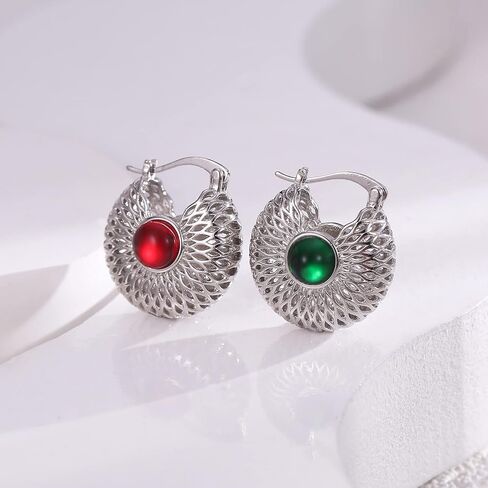 أقراط دائرية مطلية بالذهب 18 قيراط - أبازيم أذن من الفضة الإسترلينية عيار 925، كرة مجوفة مع أقراط أحجار كريمة من الزركون الأحمر والأخضر للنساء مجوهرات الأطواق in Kuwait