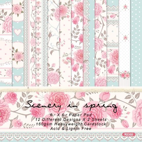 Scrapbook Paper, 24 Sheets Rose Floral Craft Scrapbooking Paper Pad, 6'' x 6'' Single-sided Printing Junk Journal Paper Supplies for Card Making Art Album Decorative in Saudi Arabia