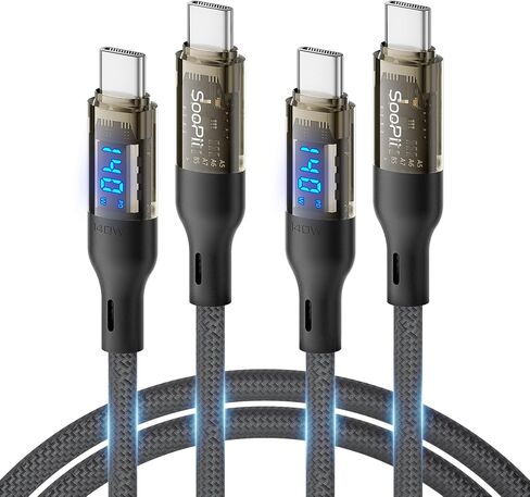 كابل SOOPII 140 واط USB C إلى USB C [حزمة 4 أقدام]، كابل USB C للشحن السريع مع شاشة LED لهاتف Samsung Galaxy S23+/S23Ultra/S22Ultra، MacBook Pro، lPhone15/15Pro/15ProMax، إلخ، غلاف شفاف، (أسود) in Kuwait