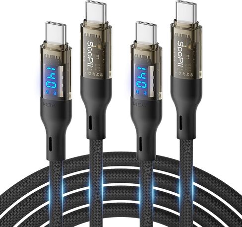 كابل SOOPII 140 واط USB C إلى USB C [حزمة 4 أقدام]، كابل USB C للشحن السريع مع شاشة LED لهاتف Samsung Galaxy S23+/S23Ultra/S22Ultra، MacBook Pro، lPhone15/15Pro/15ProMax، إلخ، غلاف شفاف، (أسود) in Kuwait